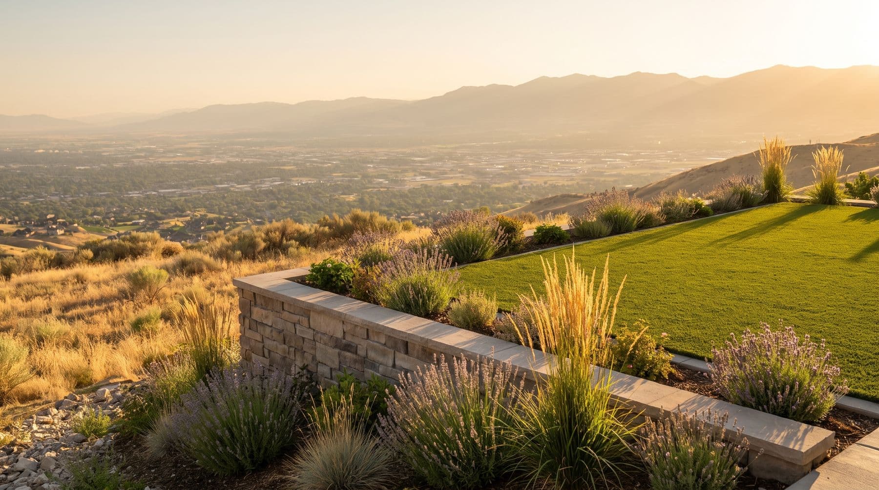 A seat-height stone terrace wall at the downhill edge of a bench lot, with the valley visible unobstructed beyond it