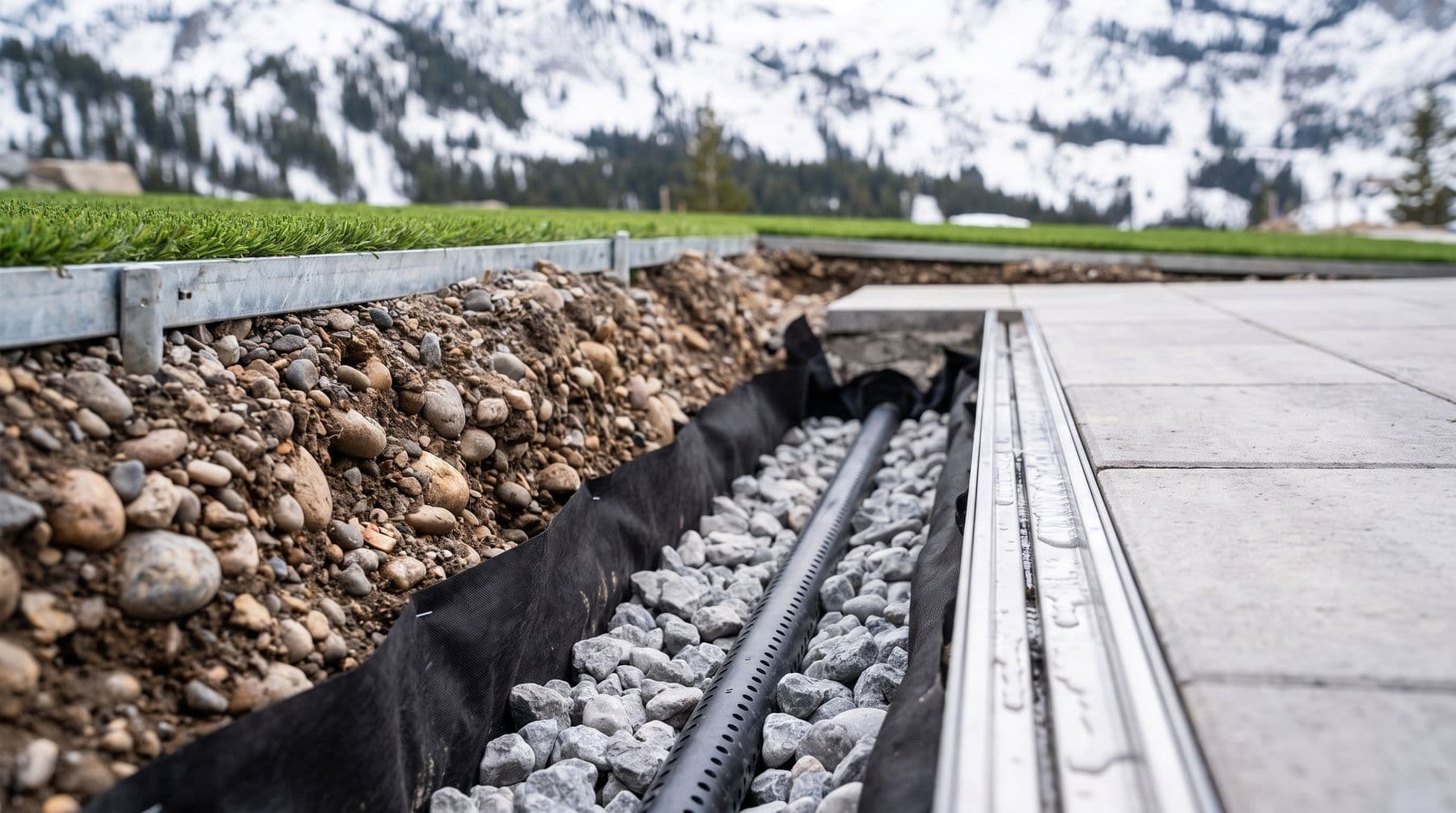 A fabric-lined drainage trench filled with washed rock around a perforated pipe beside a paver edge channel drain, the cut face showing rounded alluvial cobble through the soil