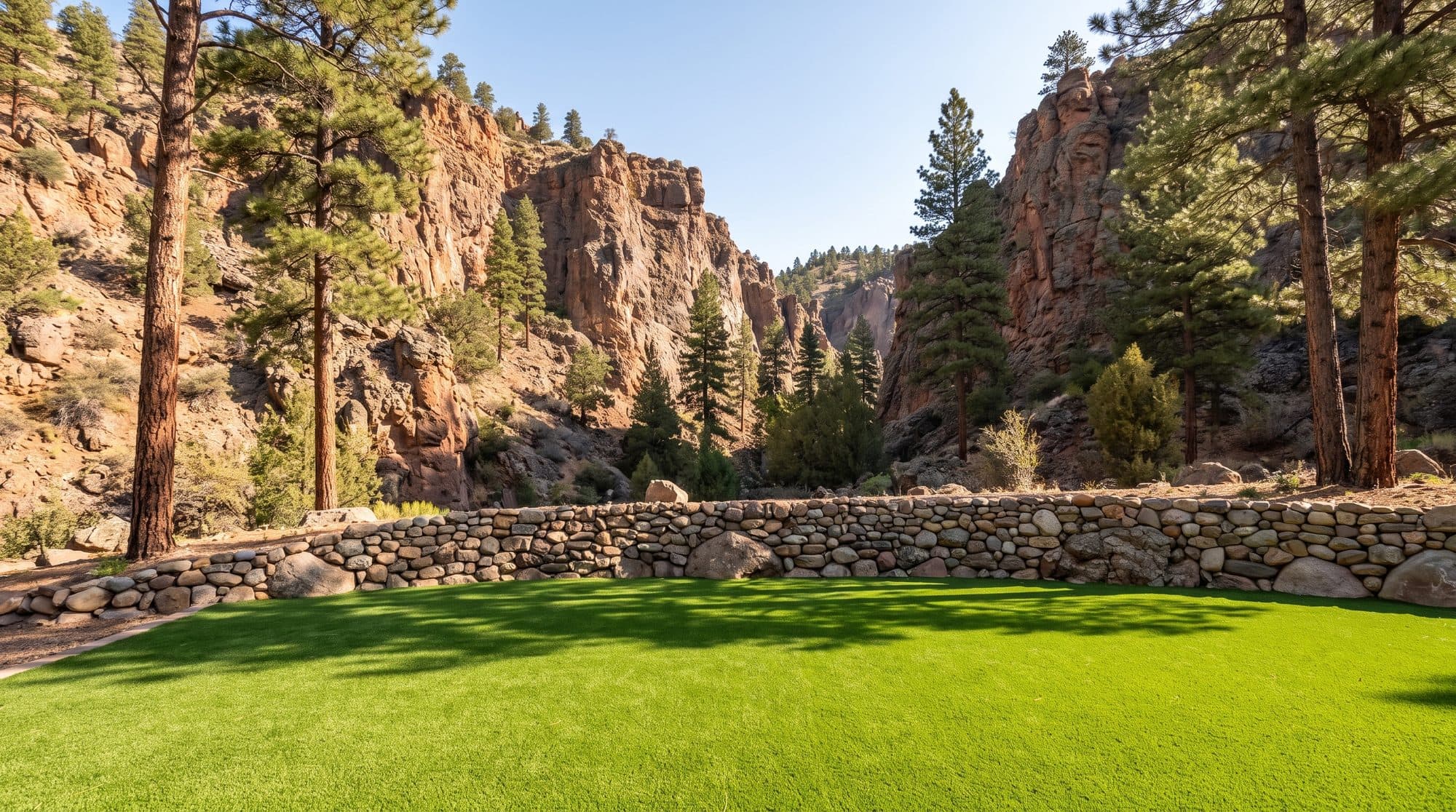 Backyard below a steep rocky canyon with turf lawn, stone retaining wall and boulder accents