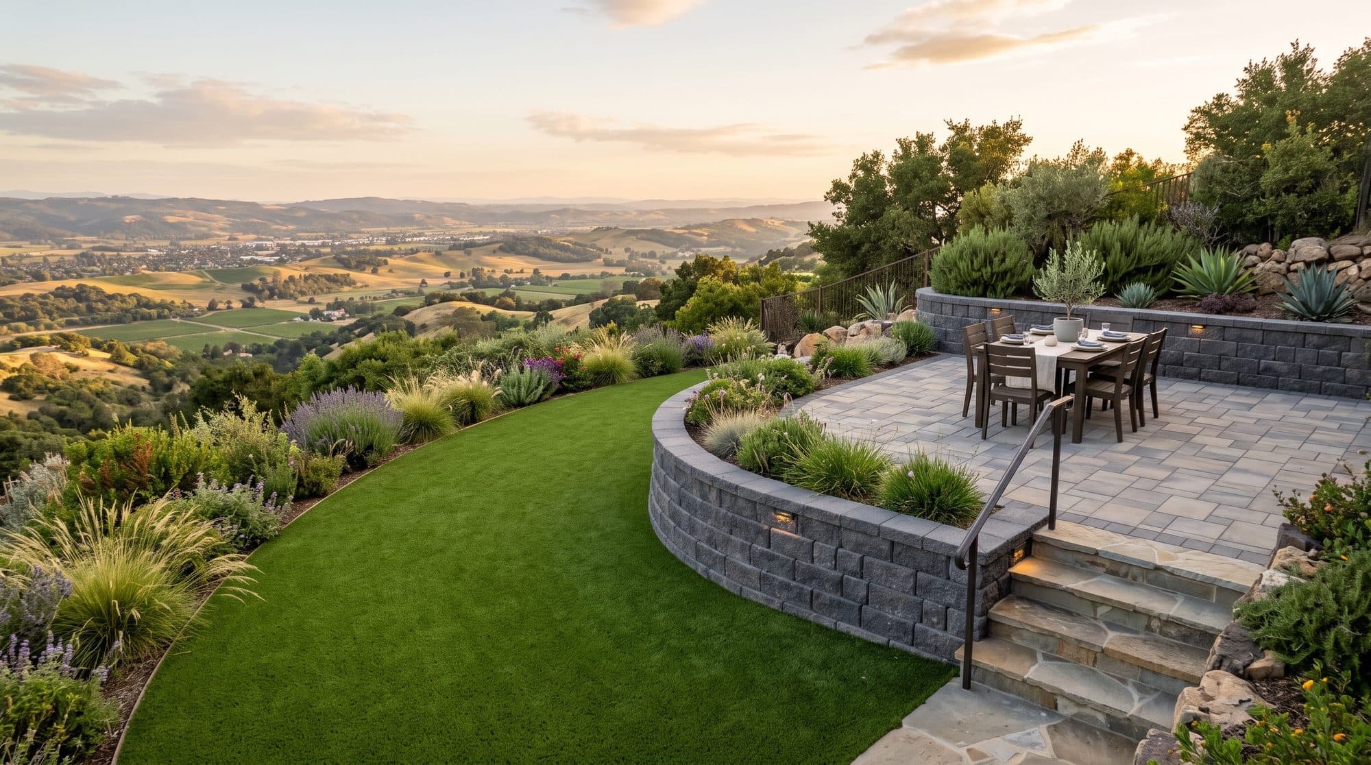 Terraced hillside backyard with block retaining walls, turf on the lower terrace and a paver patio above