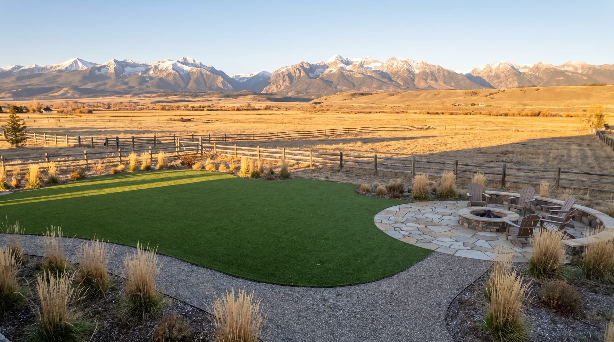 Large valley property with a turf lawn zone, paver fire pit patio and mountains across open pasture