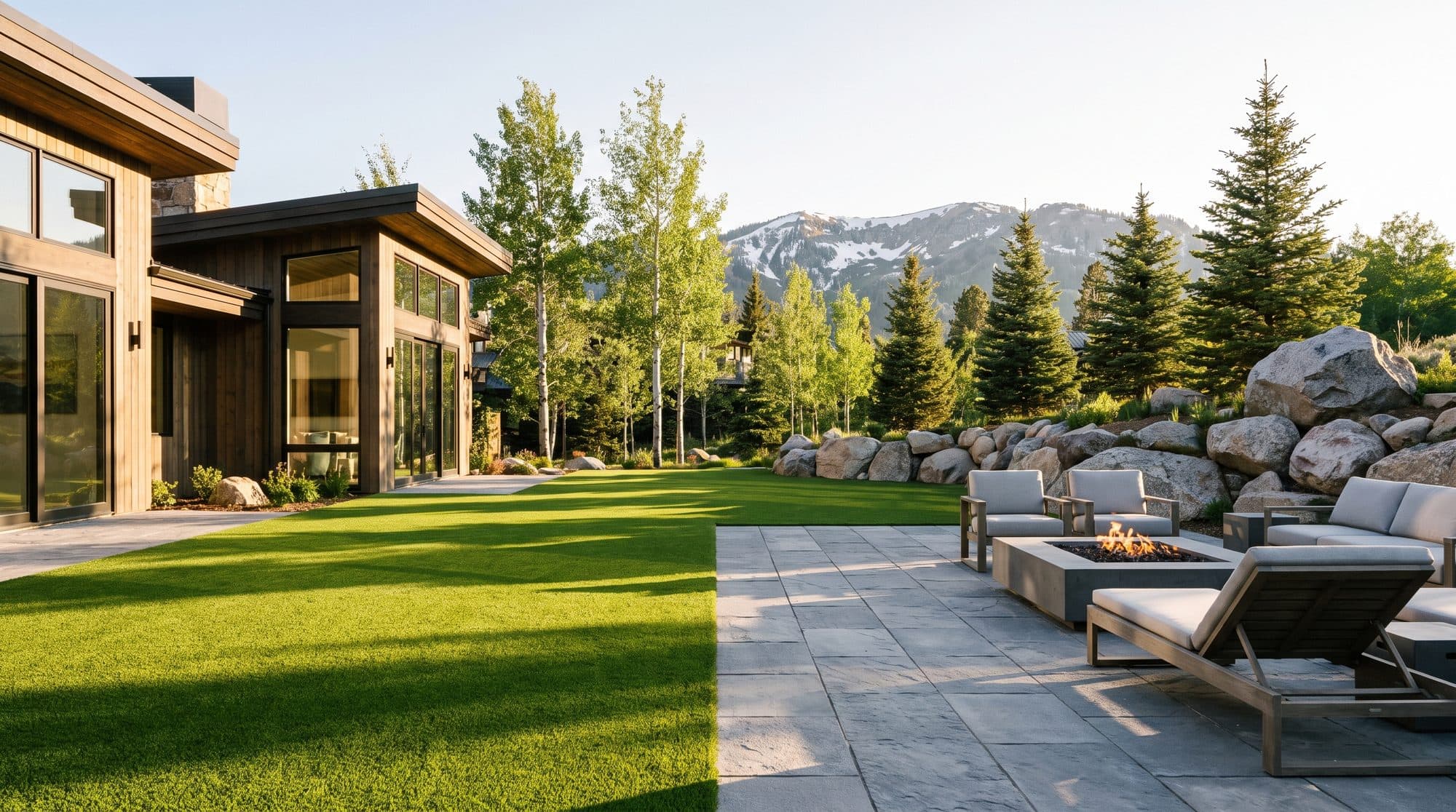 Mountain home backyard with artificial turf lawn meeting a stone paver terrace, pines and a snow-dusted ridge behind