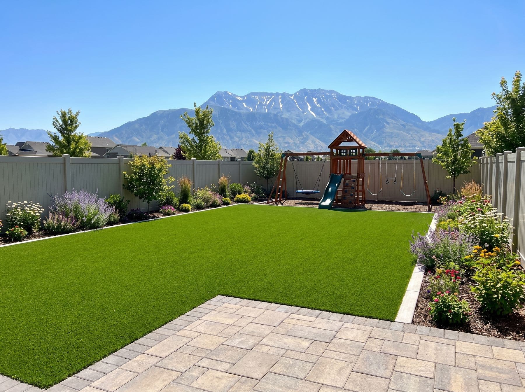 Finished artificial turf and hardscape work photographed in a Utah setting