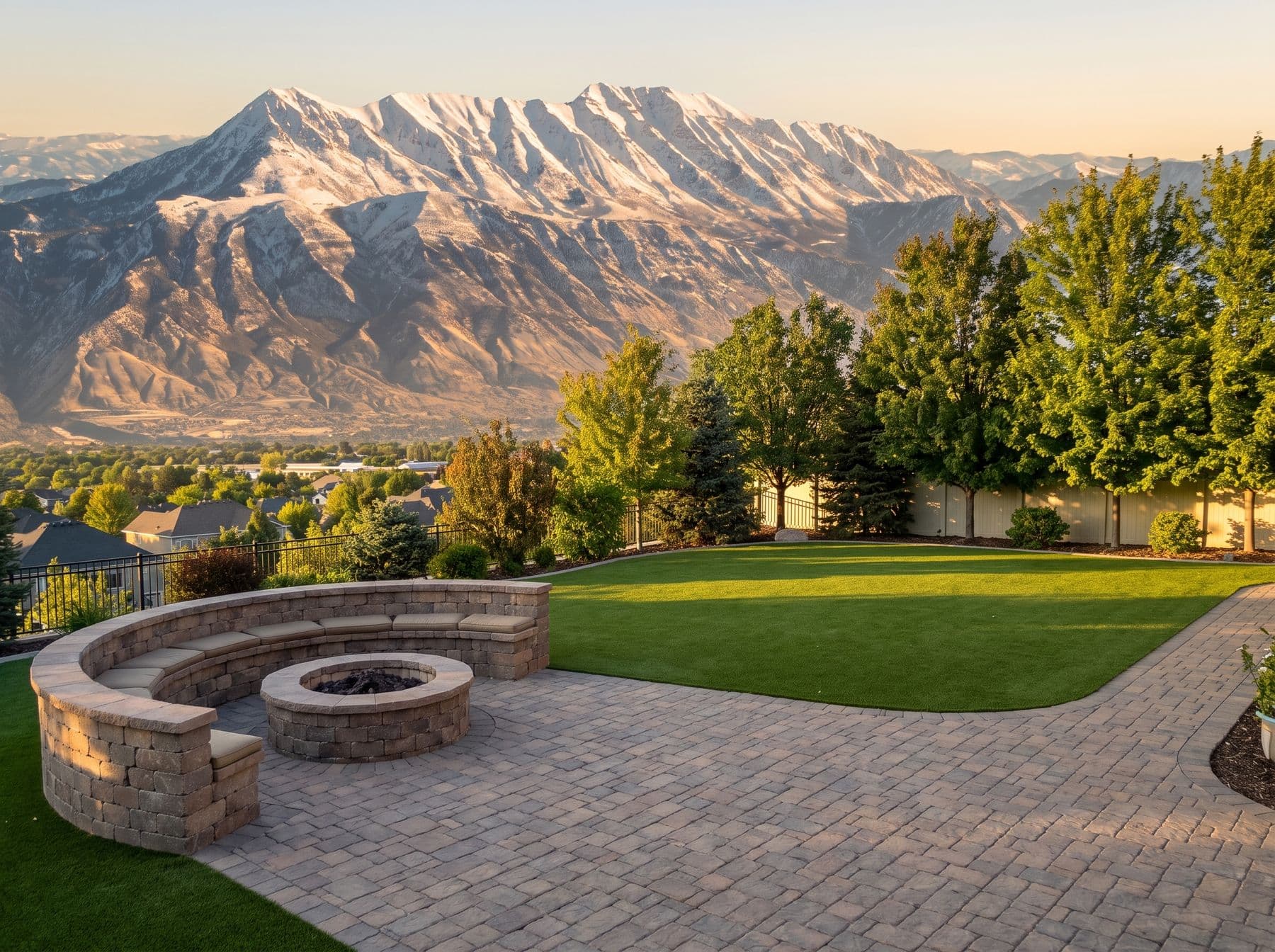 Finished artificial turf and hardscape work photographed in a Utah setting