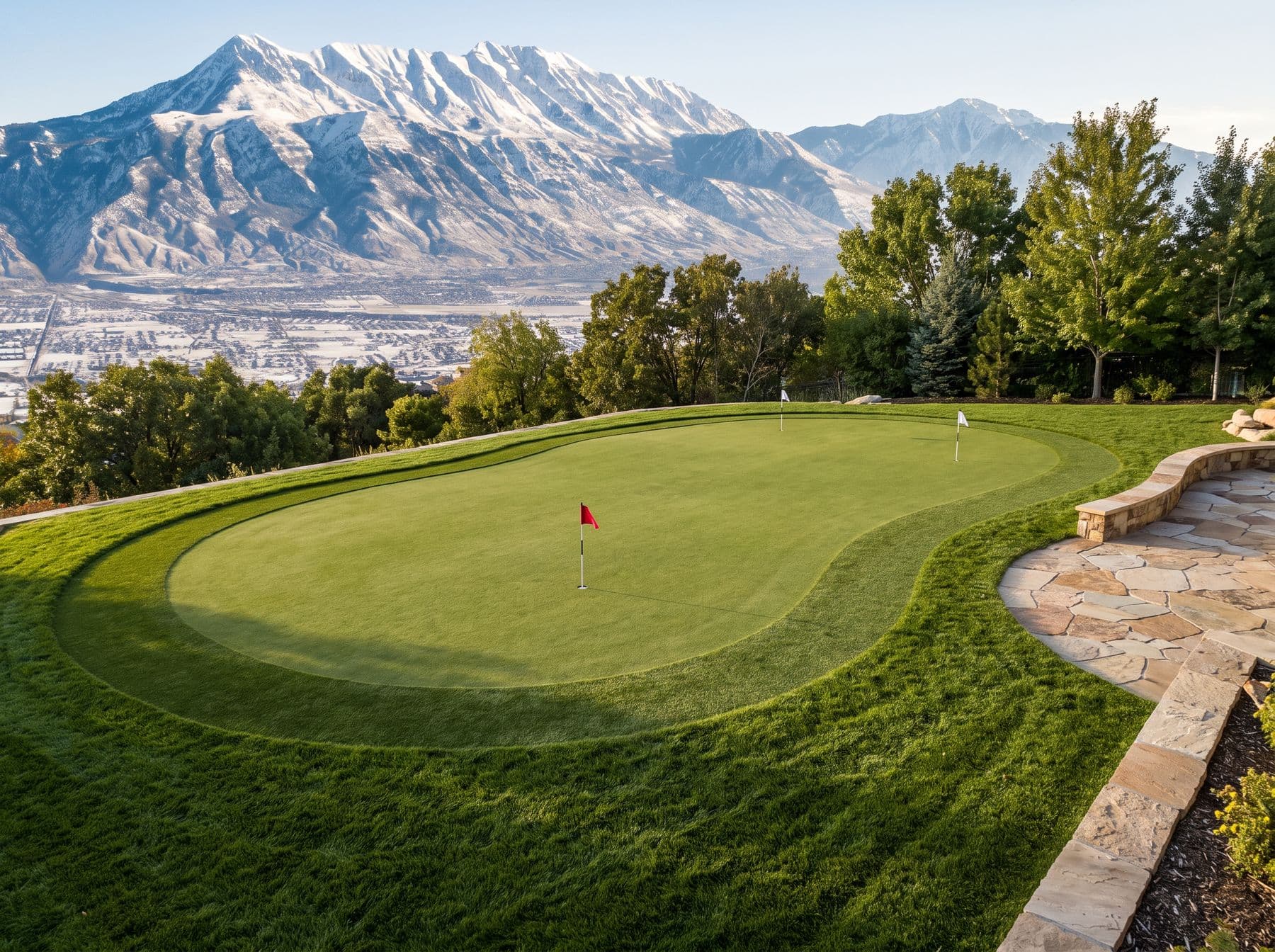 Finished artificial turf and hardscape work photographed in a Utah setting