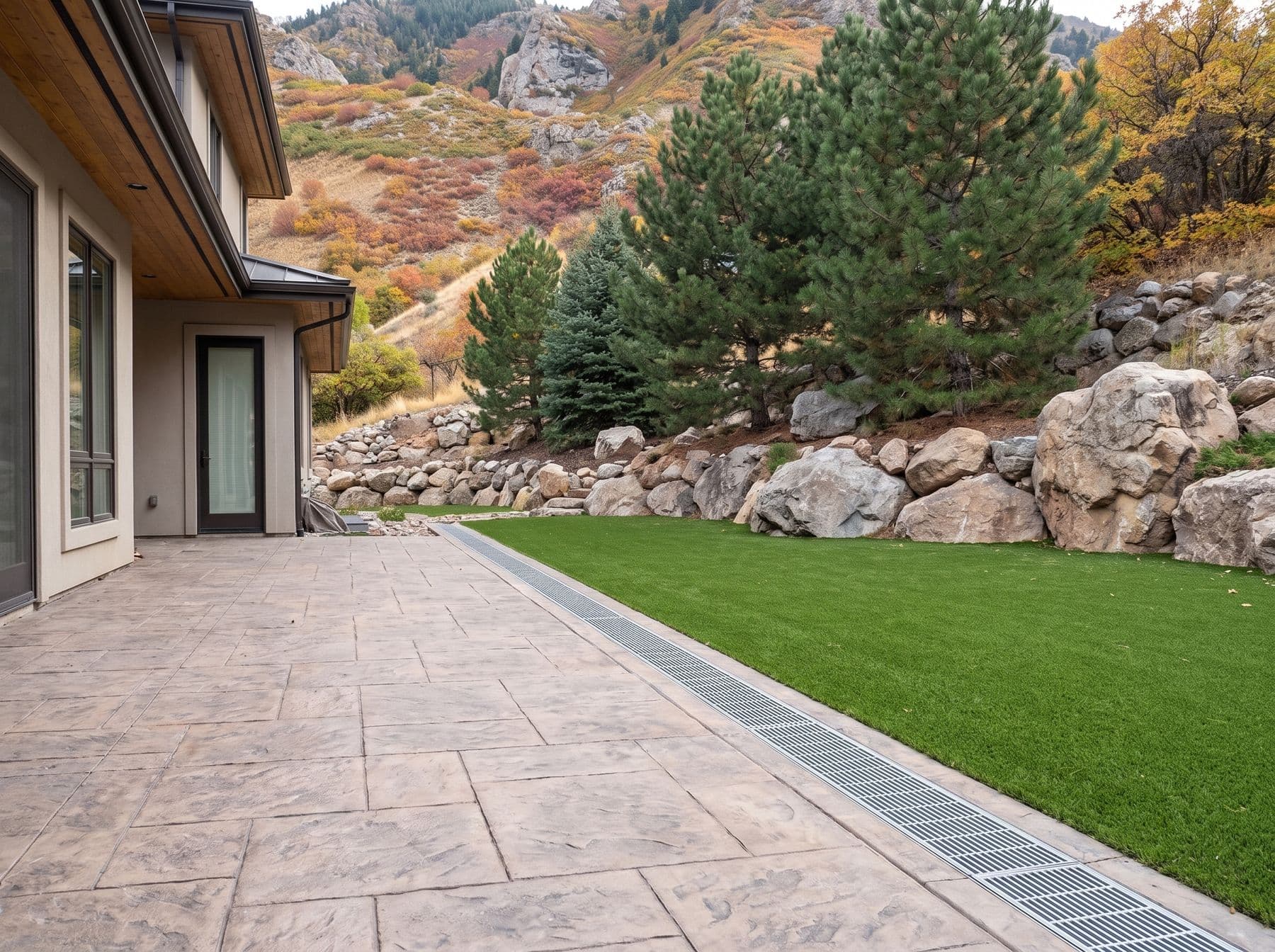 A patio graded away from the house with a channel drain along its low edge, photographed in a Cottonwood Heights setting