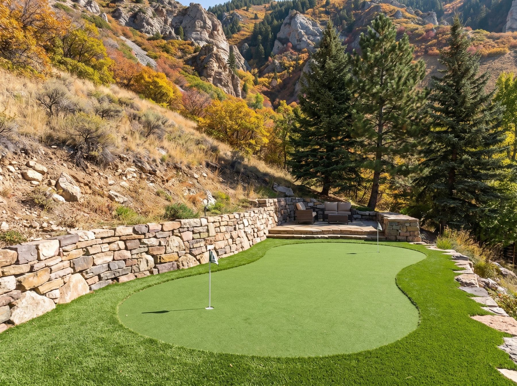 A compact green and stone terrace against the canyon slope, photographed in a Cottonwood Heights setting