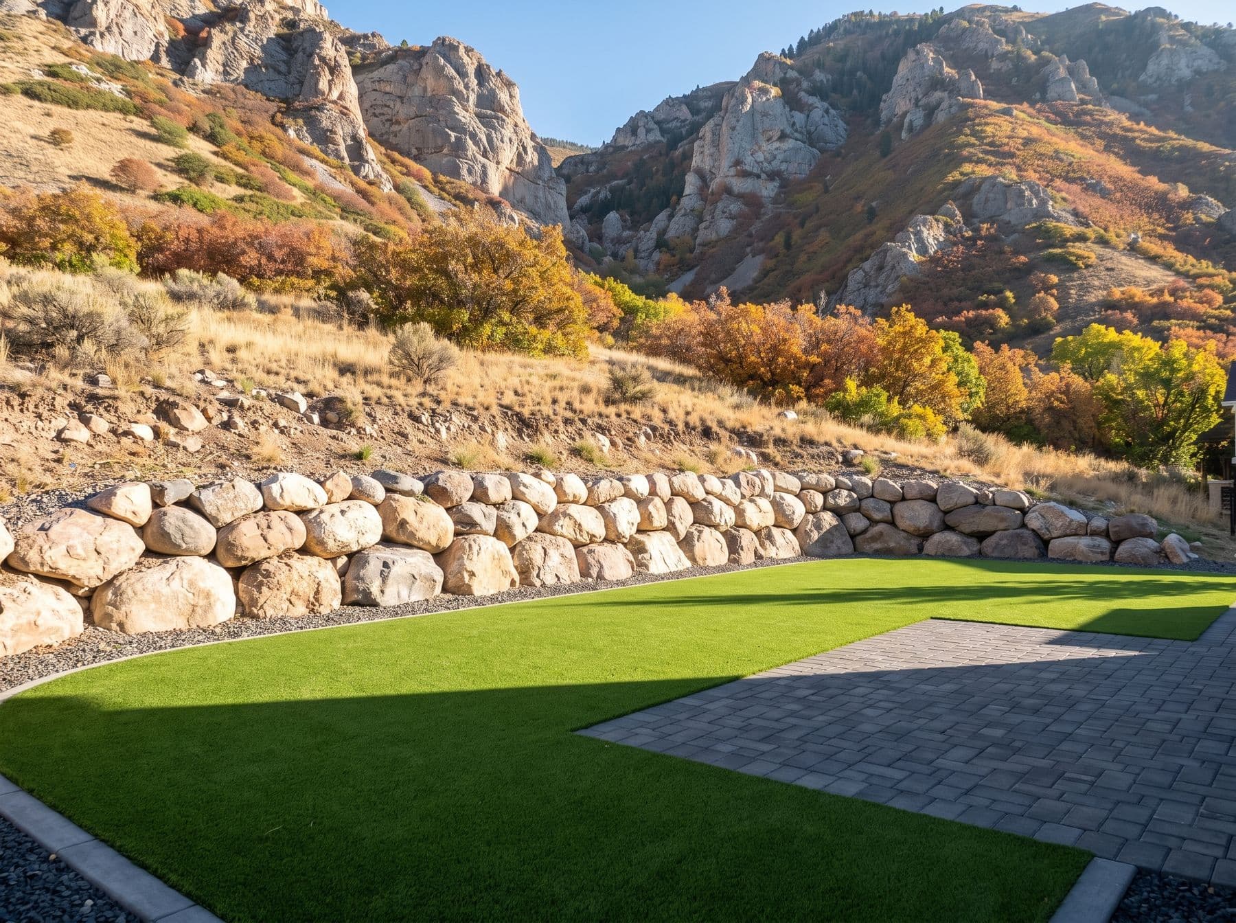 Turf and a boulder retaining wall below the canyon face, photographed in a Cottonwood Heights setting