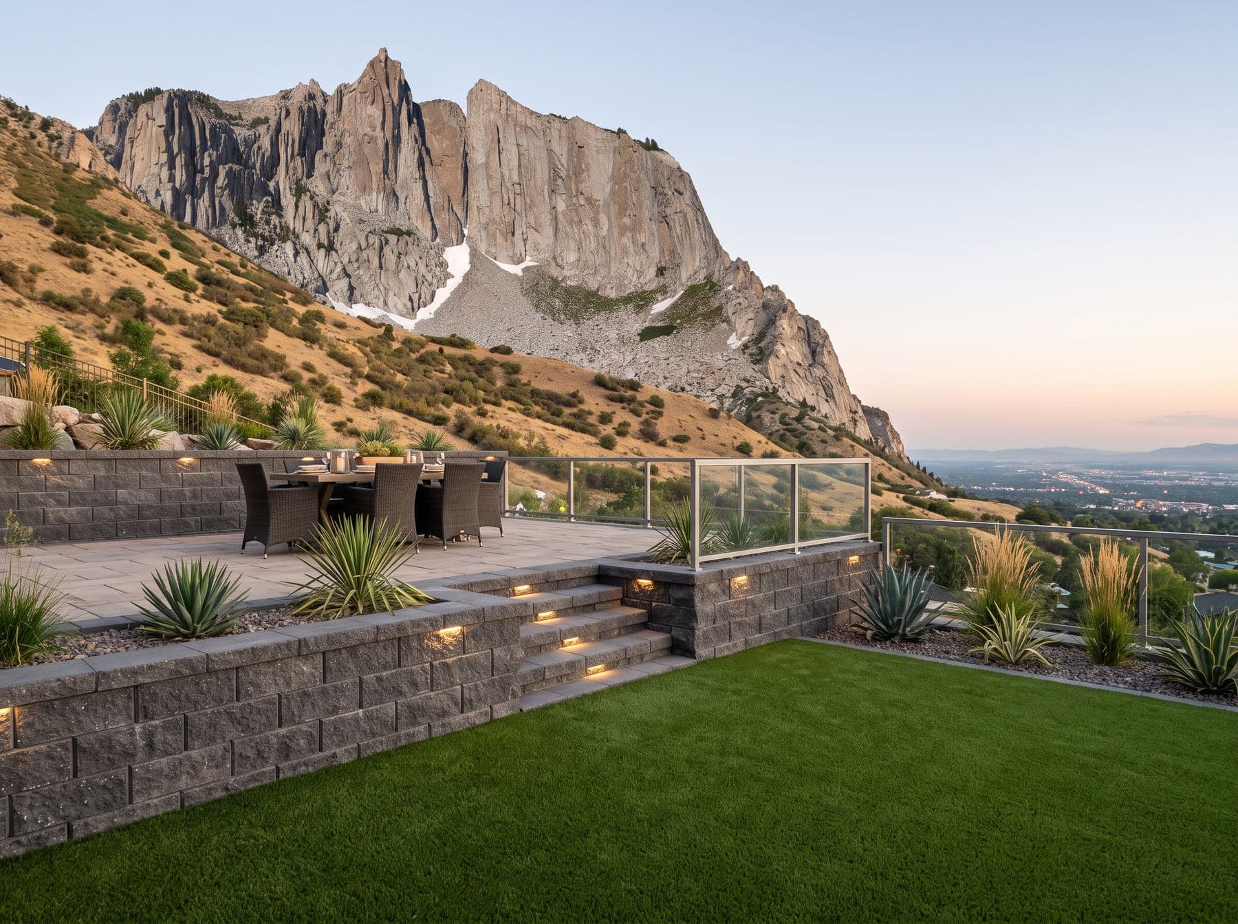 Two terraces of block wall with turf below and a dining patio above, photographed in a Draper setting