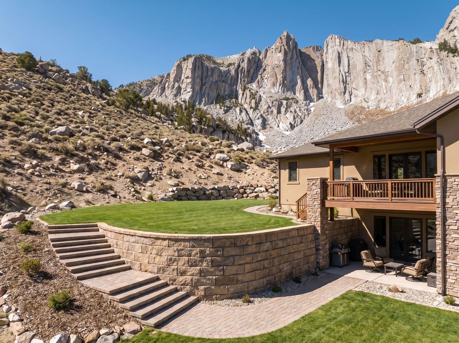 Wide paver steps climbing from a walkout basement to an upper turf lawn, photographed in a Draper setting