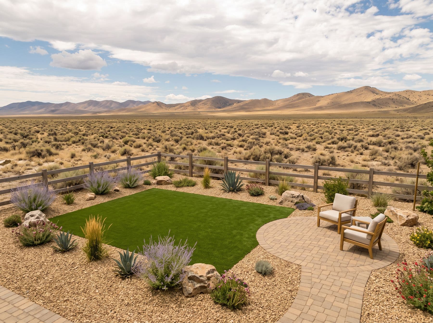 Finished artificial turf and hardscape work photographed in a Utah setting