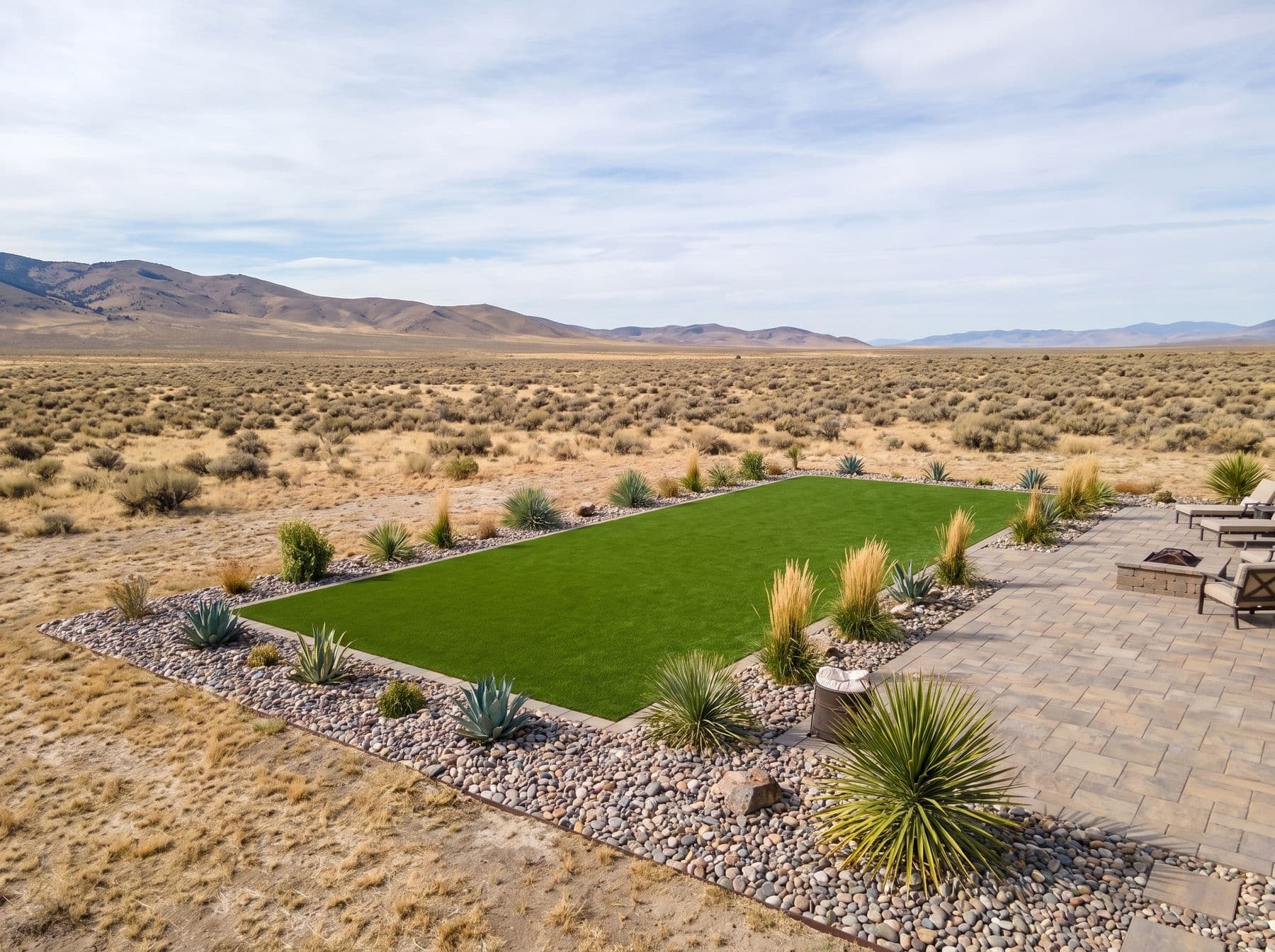 Finished artificial turf and hardscape work photographed in a Utah setting