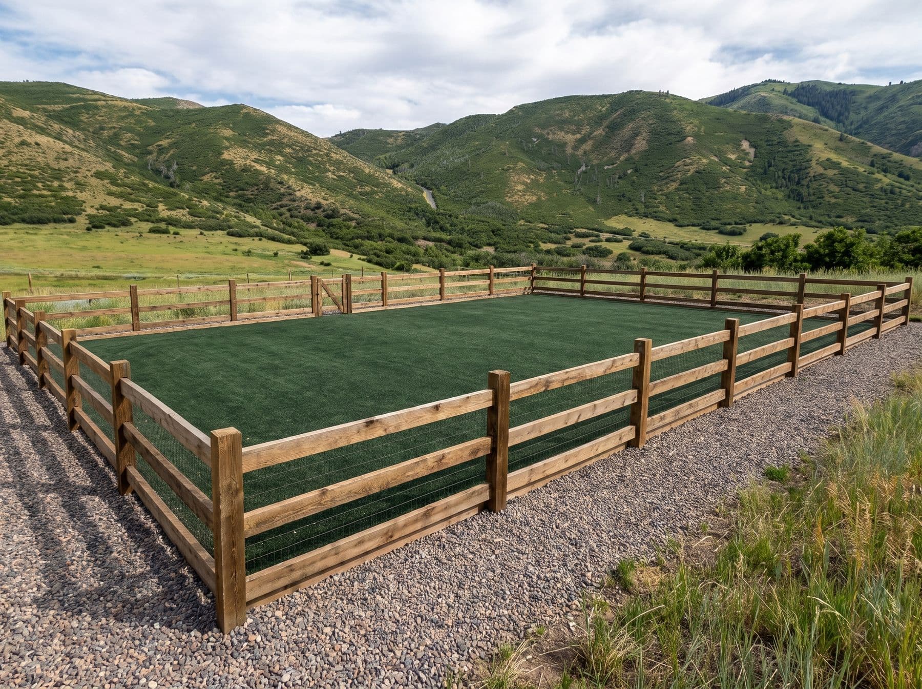 A large fenced run built for hard use and easy rinsing, photographed in a Heber City setting
