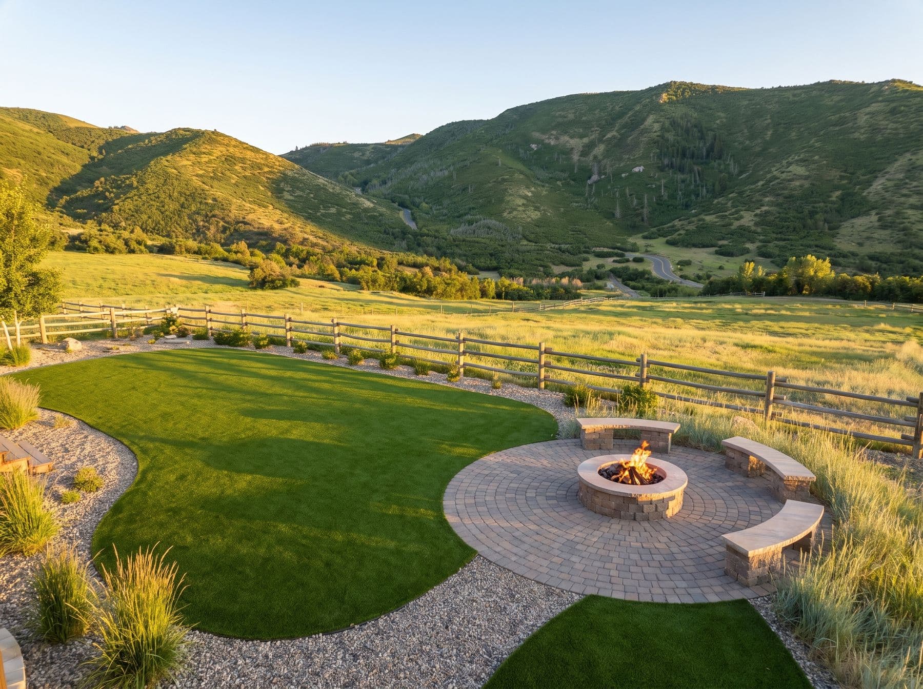 A turf zone edged with native planting and a circular fire pit patio, photographed in a Heber City setting