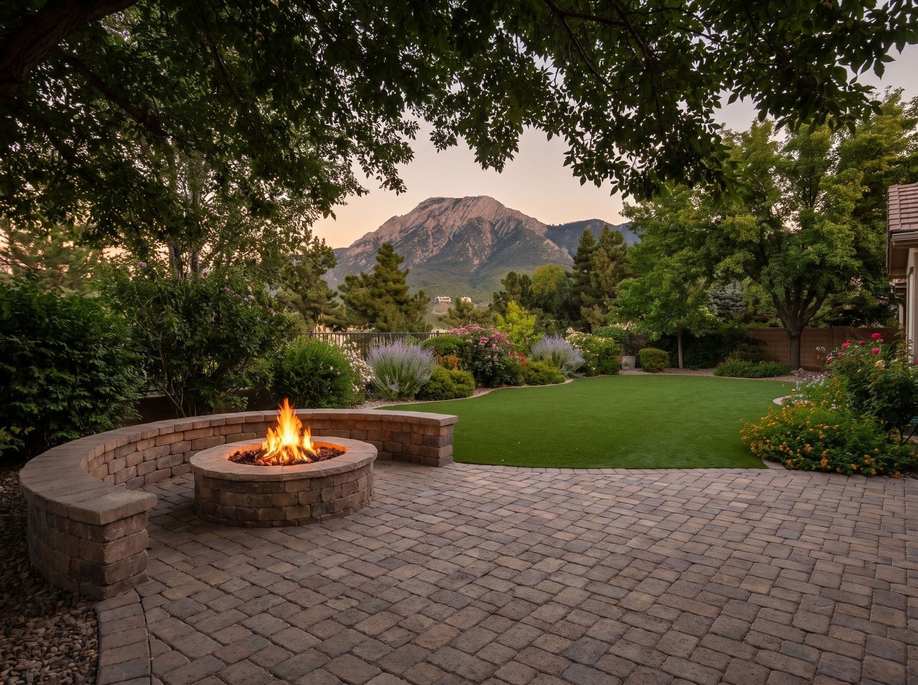 A tumbled paver patio with a curved seat wall and fire pit under old canopy, photographed in a Holladay setting