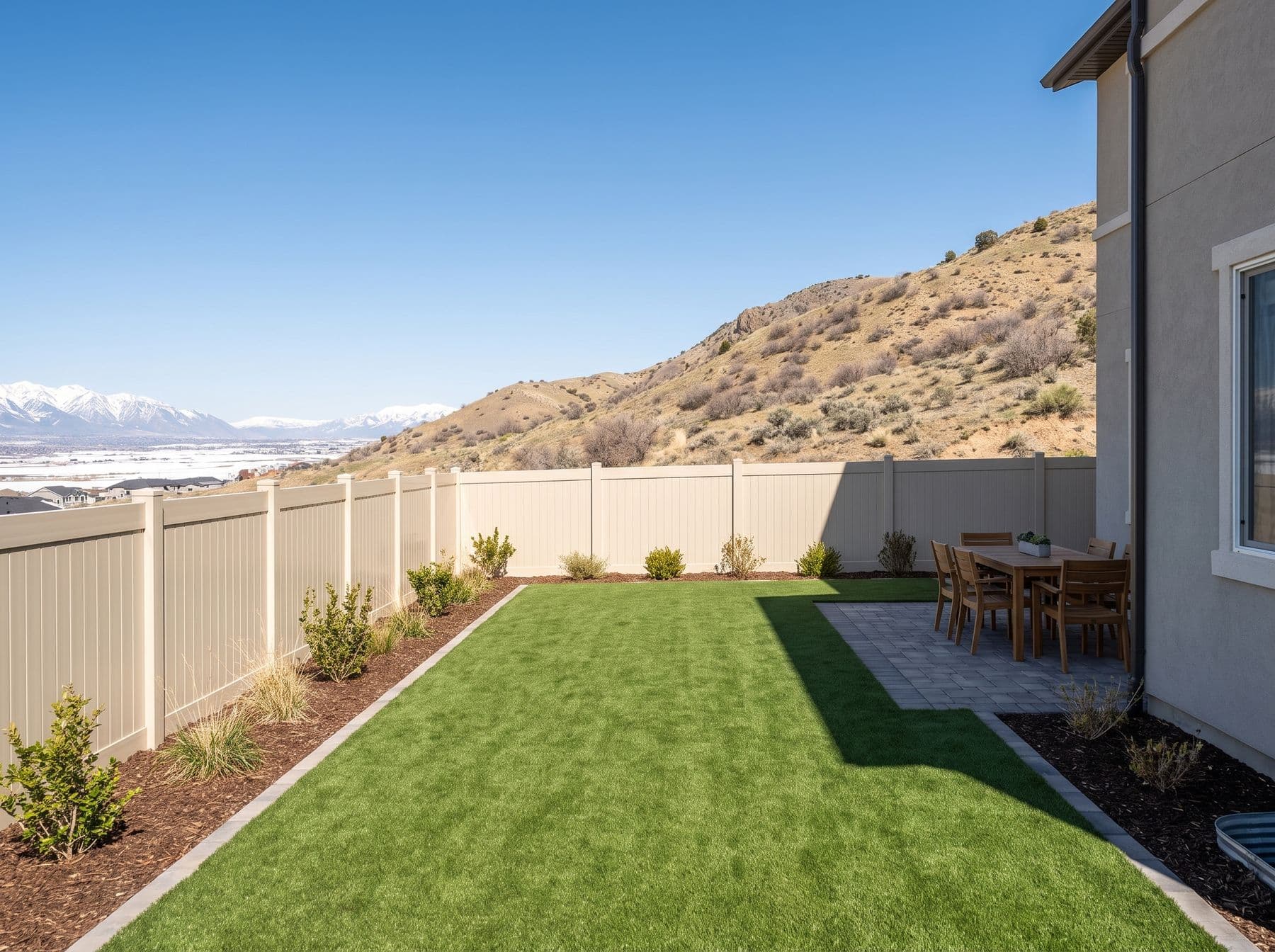 Finished artificial turf and hardscape work photographed in a Utah setting