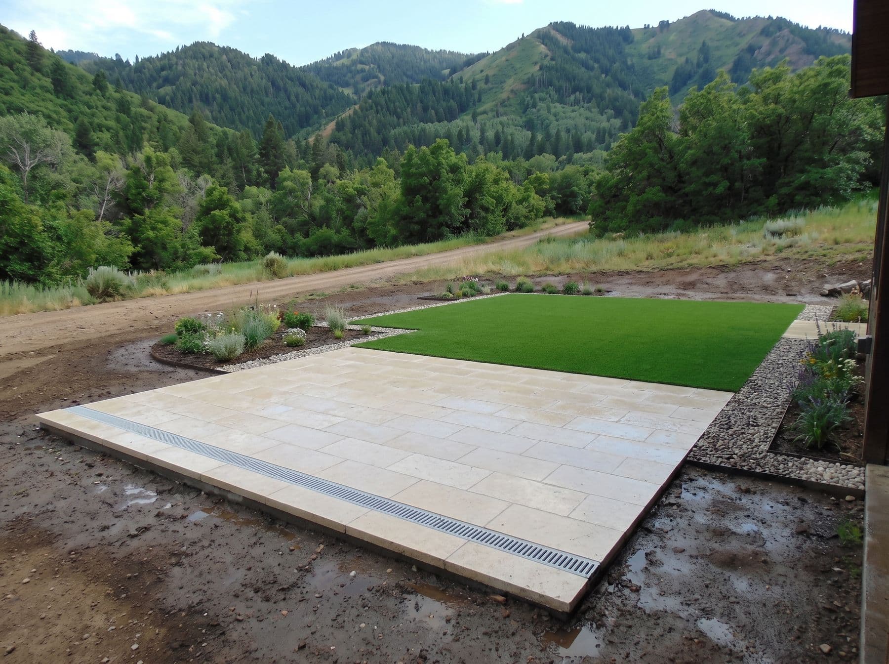 A terrace and lawn built over ground that stays wet, photographed in a Midway setting