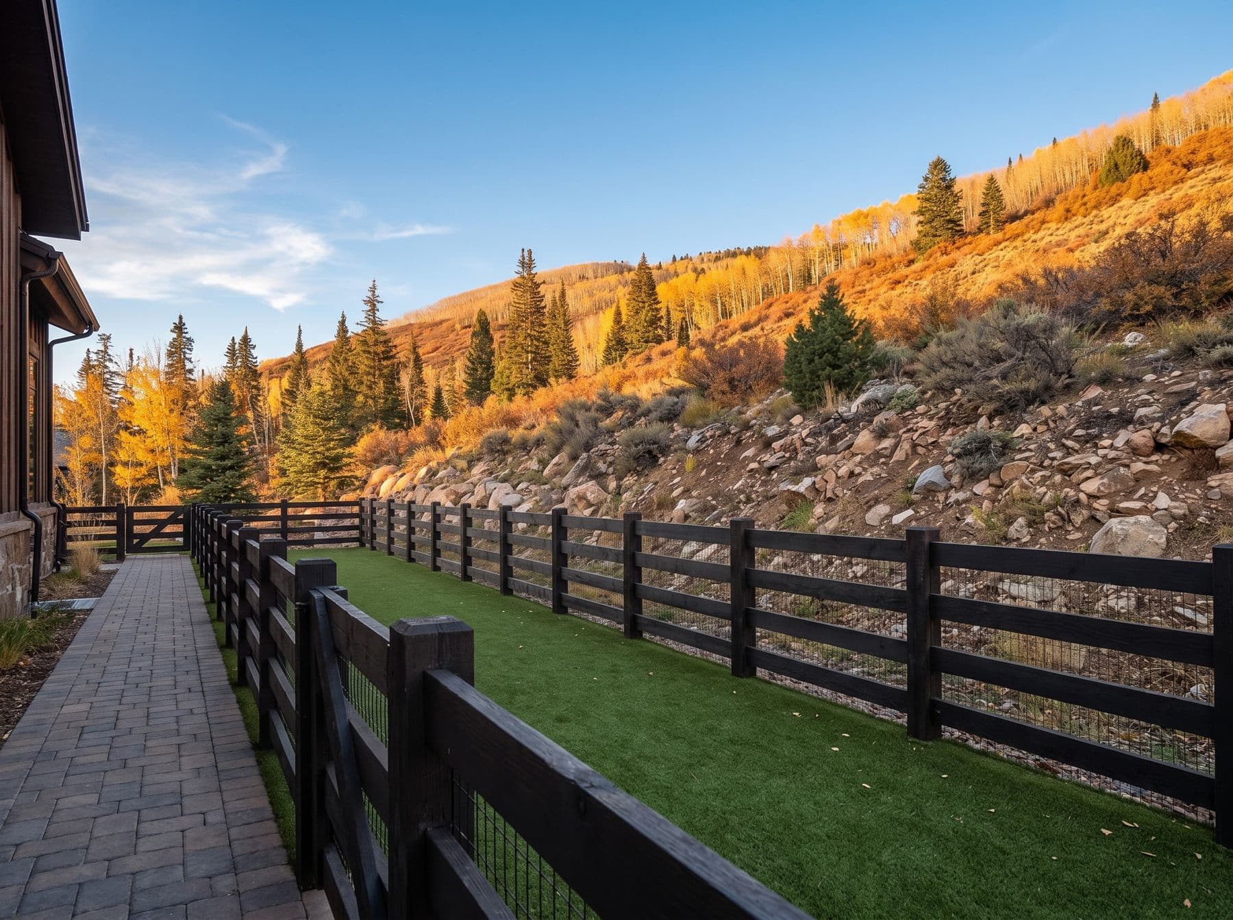 A fenced side-yard run built to drain through spring melt, photographed in a Park City setting