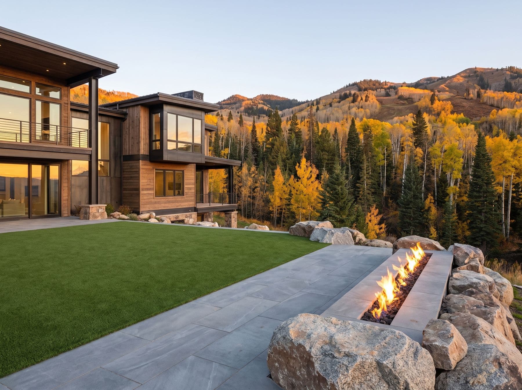 A level turf lawn meeting a large-format paver terrace with a gas fire feature, photographed in a Park City setting