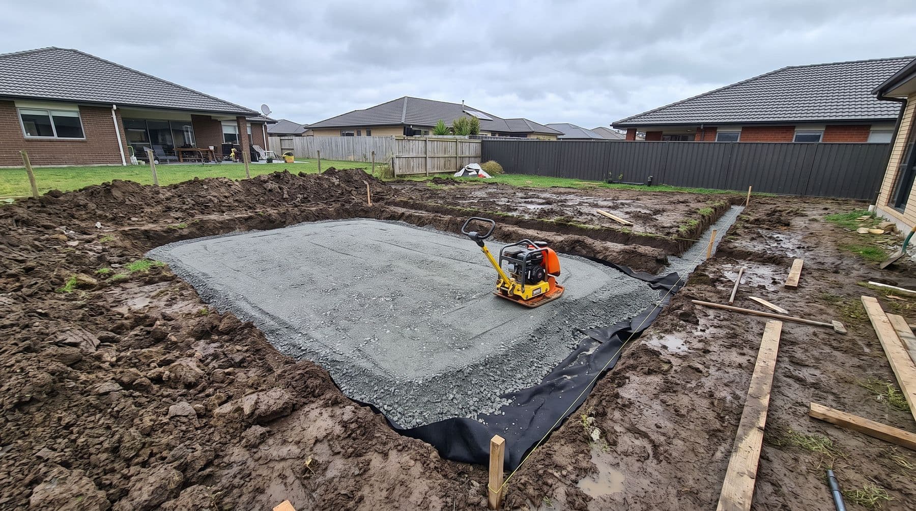 A compacted crushed-stone base graded flat mid-installation, plate compactor on the surface