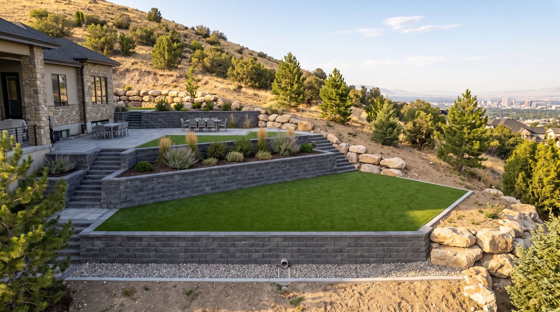 A Draper bench backyard terraced with two tiers of block retaining wall, turf on the lower terrace and a paver dining terrace above