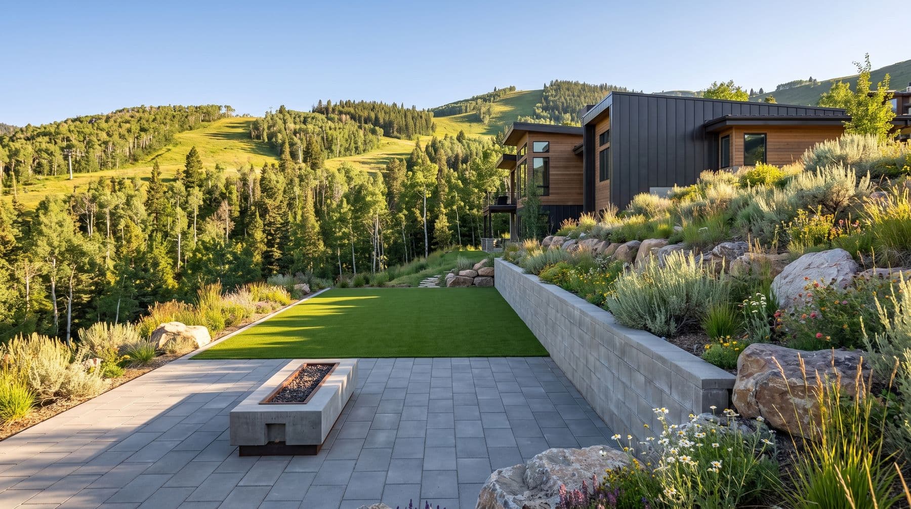 A level turf lawn and paver terrace terraced into a Park City hillside, with water-wise planting and ski runs behind