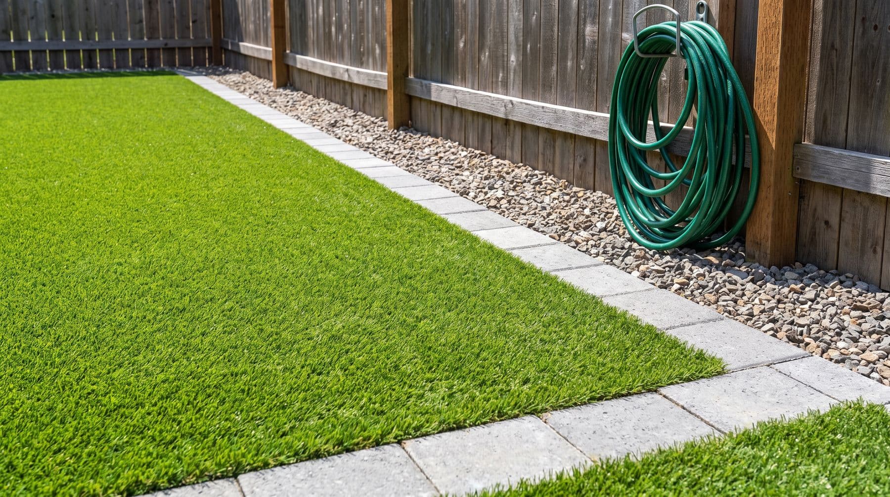 A clean artificial turf dog run with a paver border and gravel drainage strip