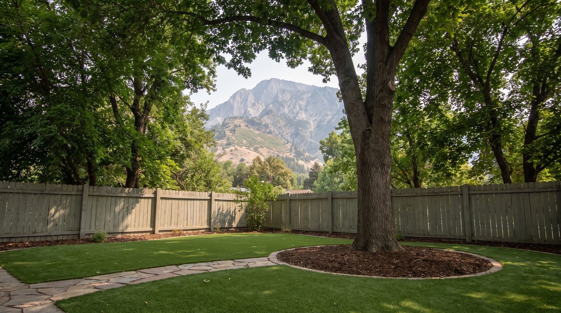 A backyard in deep dappled shade under a mature canopy, turf lawn running to a wide open mulch ring around the trunk, Mount Olympus beyond the fence