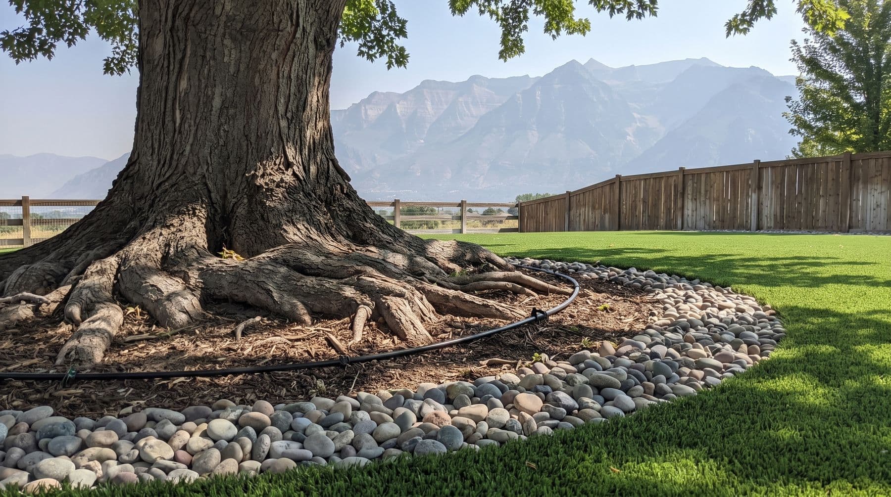 The flared surface roots of a mature tree left open in cobble and mulch, with a drip line run into the root zone and the turf edge held back beyond it