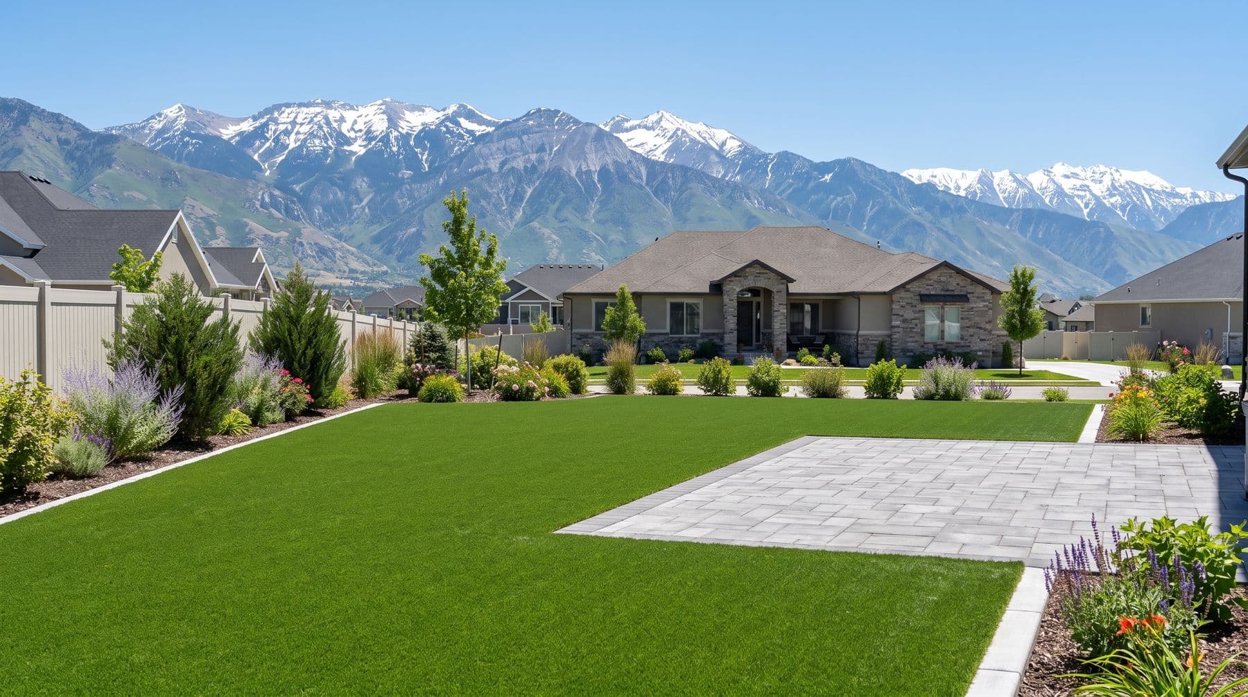 Finished artificial turf lawn meeting a paver patio in a Utah backyard
