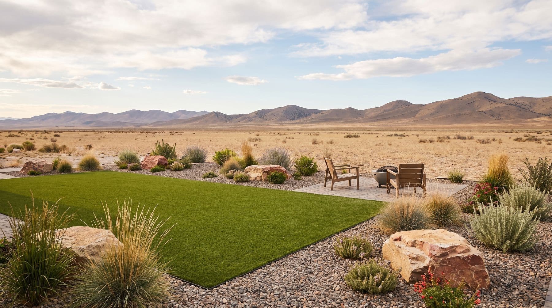 A turf lawn panel set within decorative gravel and drought planting