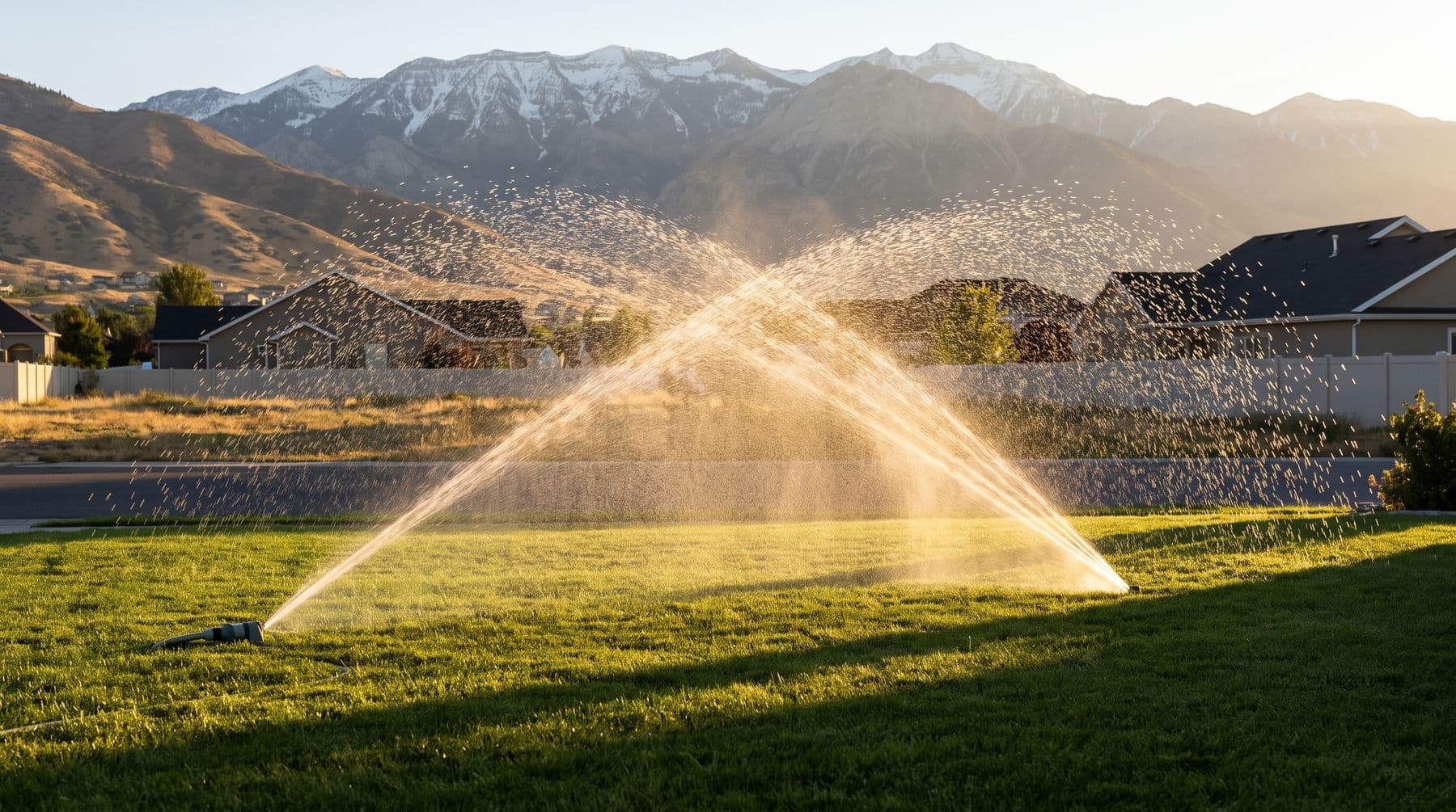 A lawn sprinkler running at golden hour with dry Utah foothills behind