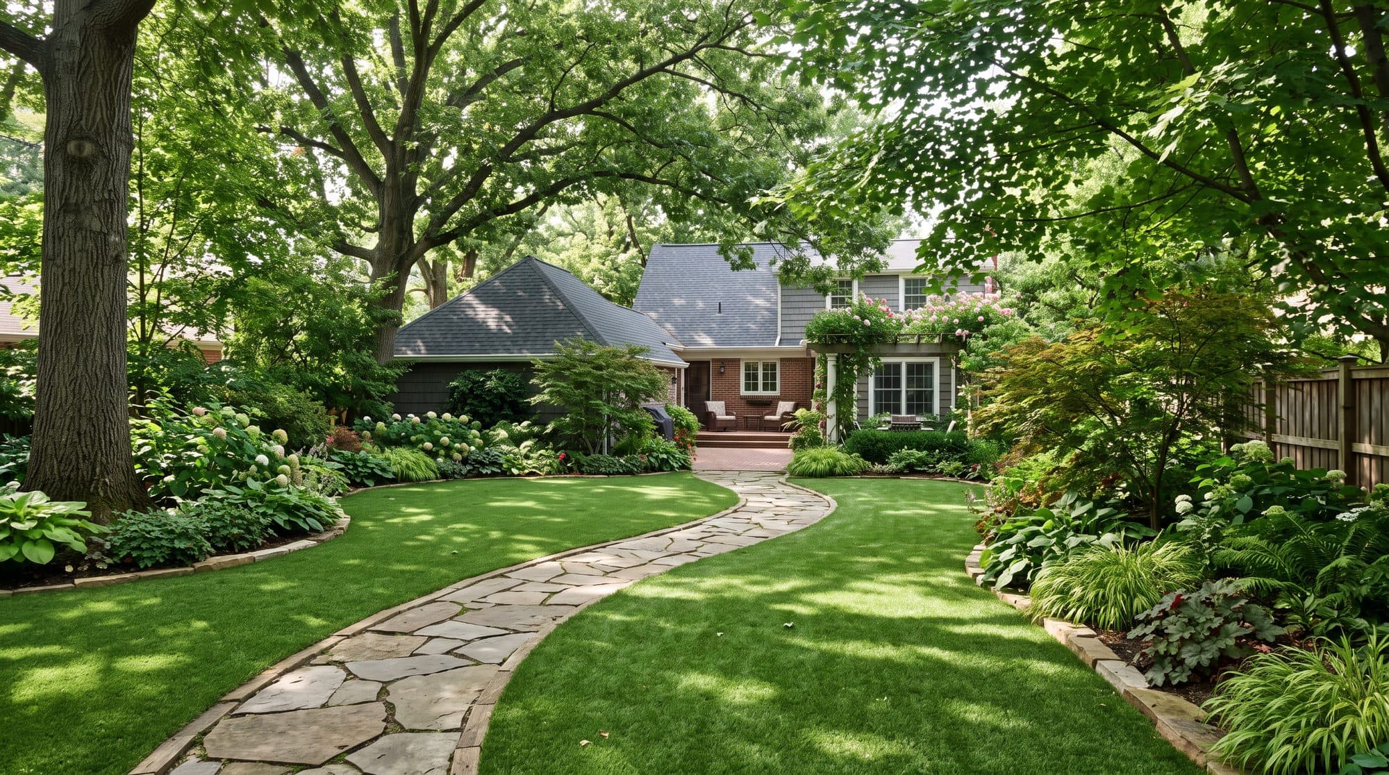 Shaded backyard beneath mature trees with an even turf lawn and a flagstone path