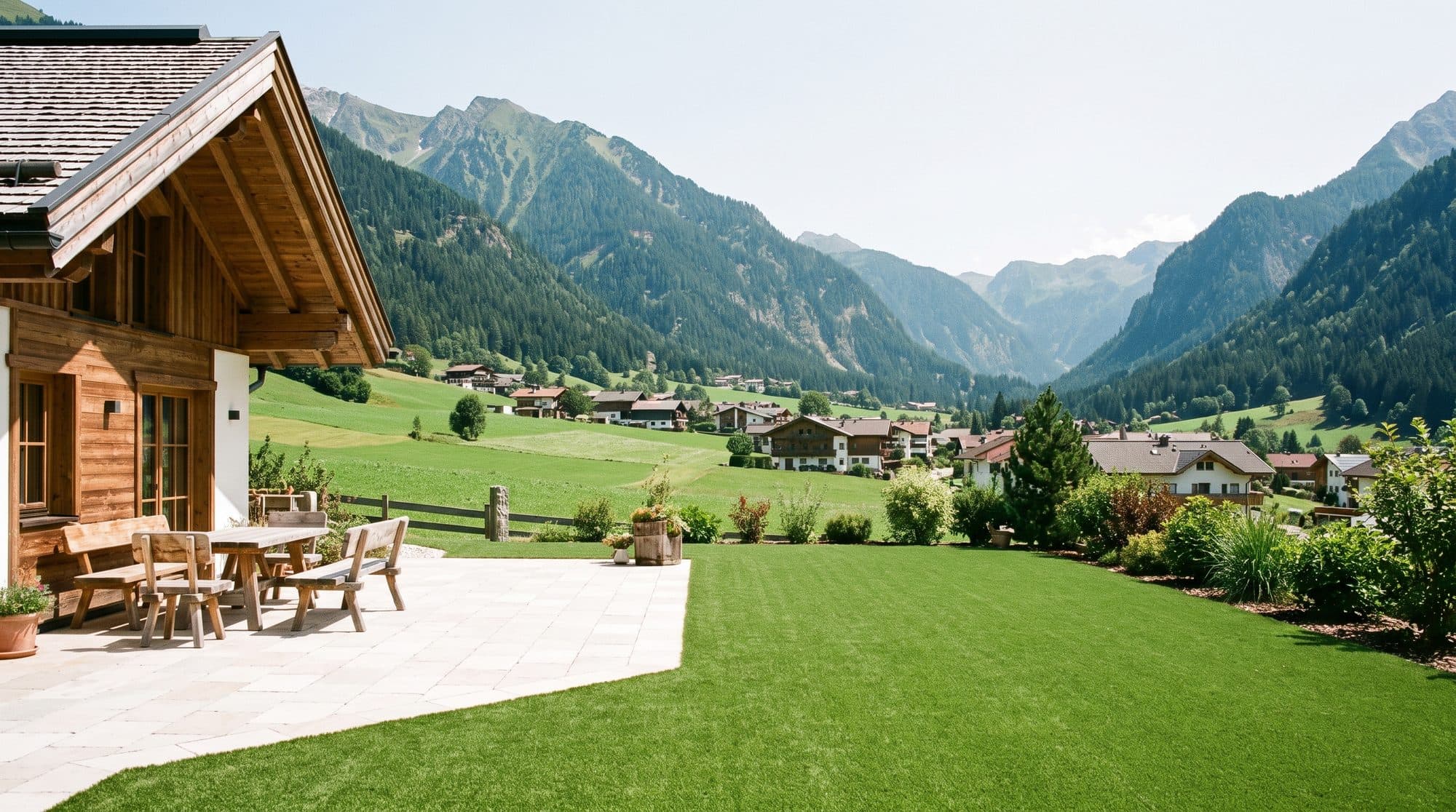 Alpine valley backyard with turf lawn and light limestone paver patio, forested mountains beyond