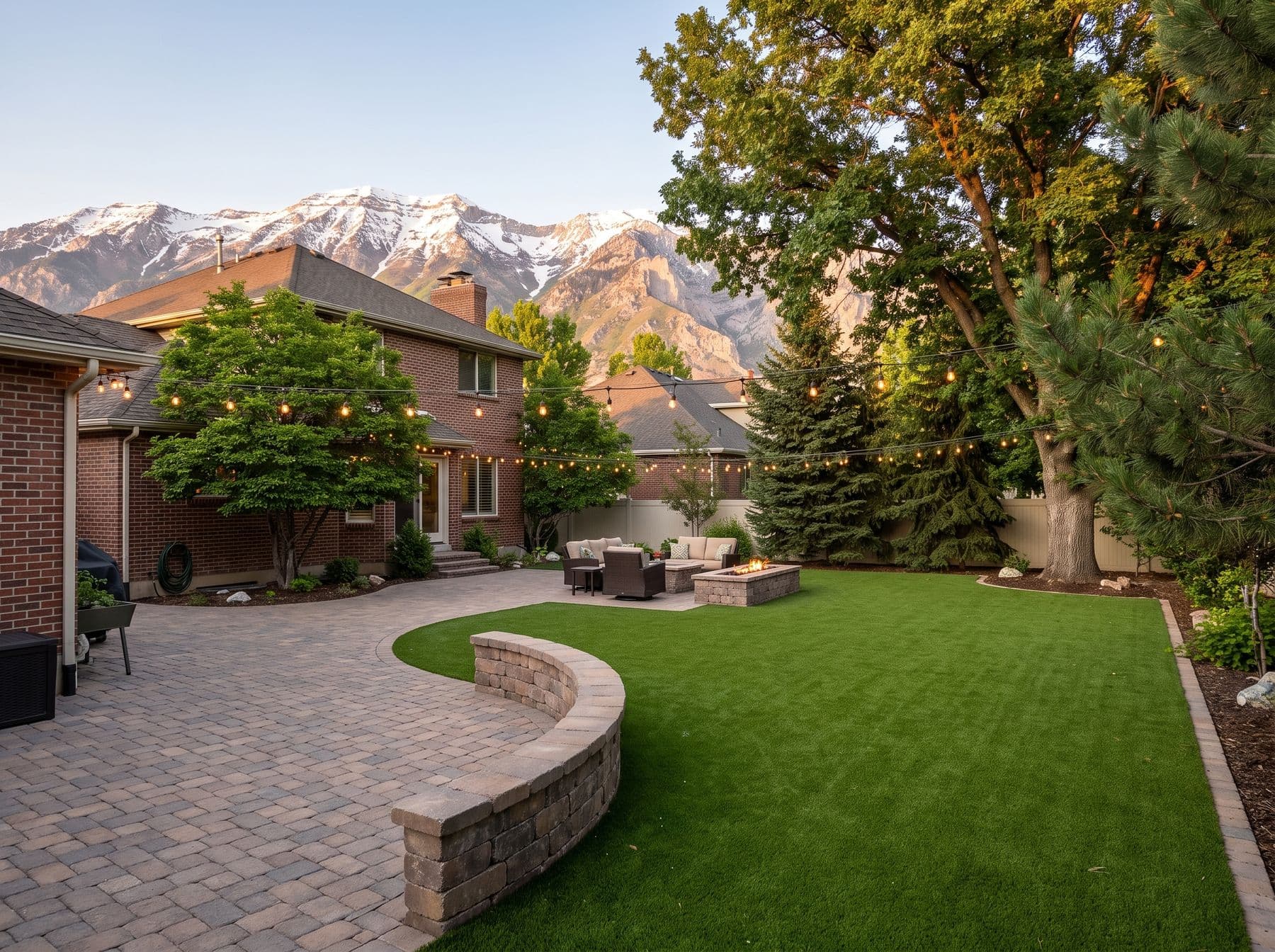 Finished artificial turf and hardscape work photographed in a Utah setting