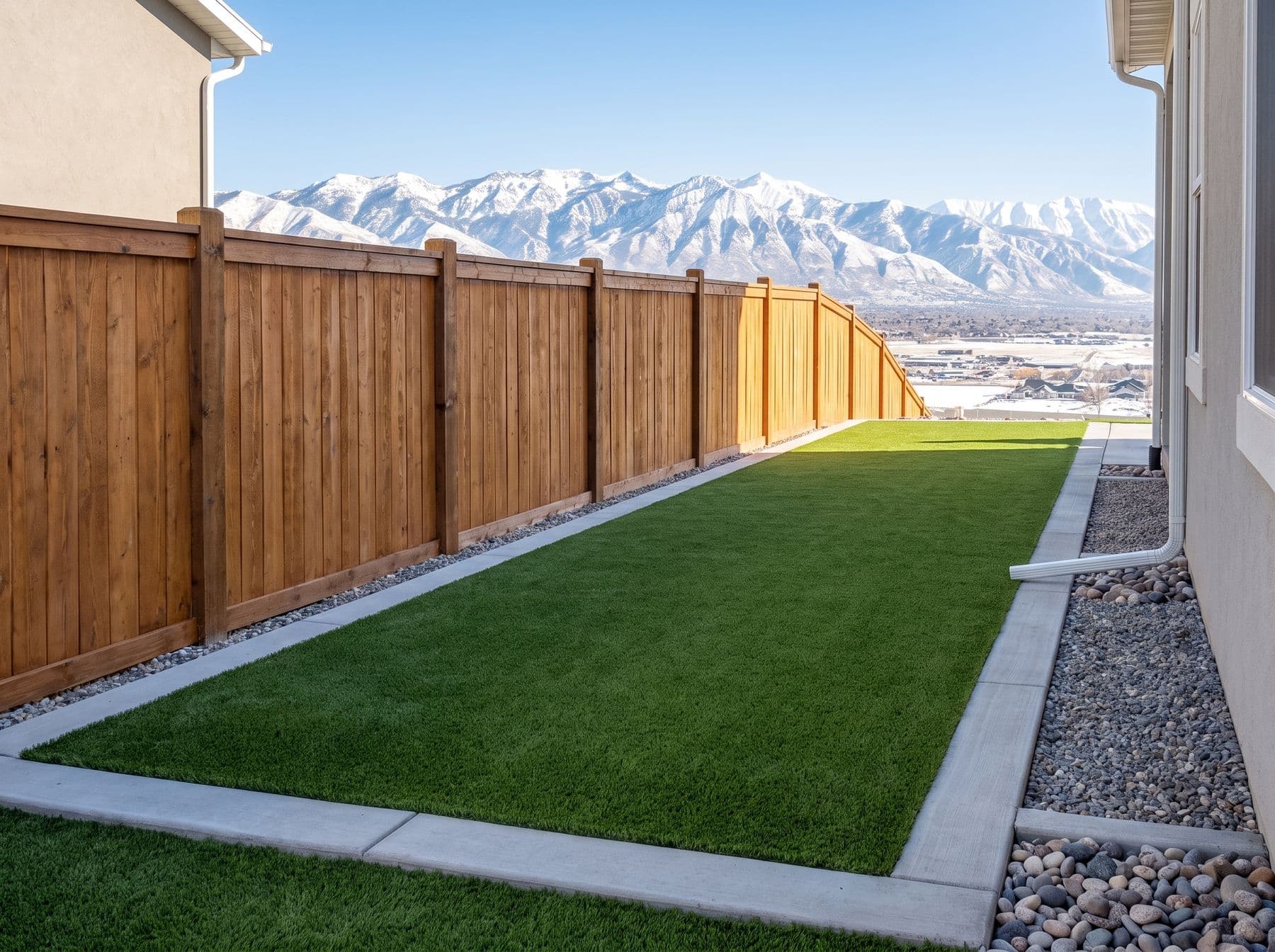 Finished artificial turf and hardscape work photographed in a Utah setting