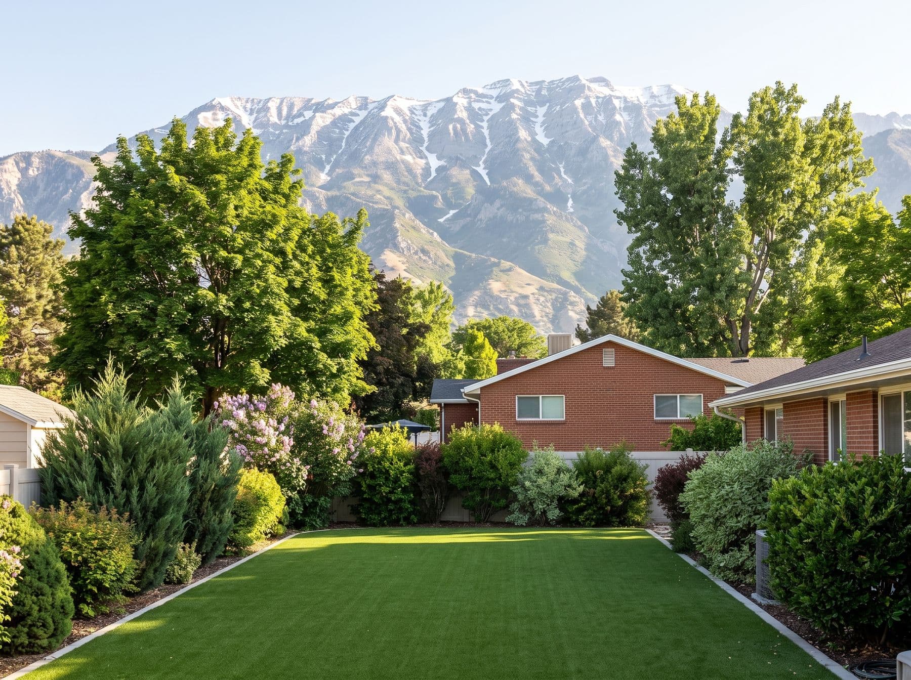 Finished artificial turf and hardscape work photographed in a Utah setting